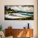 Foggy Shoreline, Rolling Waves, Coastal Landscape, Framed Canvas Print, Beach House Wall Art, Minimalist Decor, Modern Seascape Art