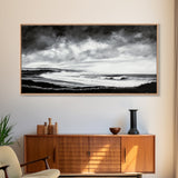 Black and White Beach, Moody Sky, Stormy Waves, Framed Canvas Print, Minimalist Wall Art, Modern Home Decor, Nautical Landscape