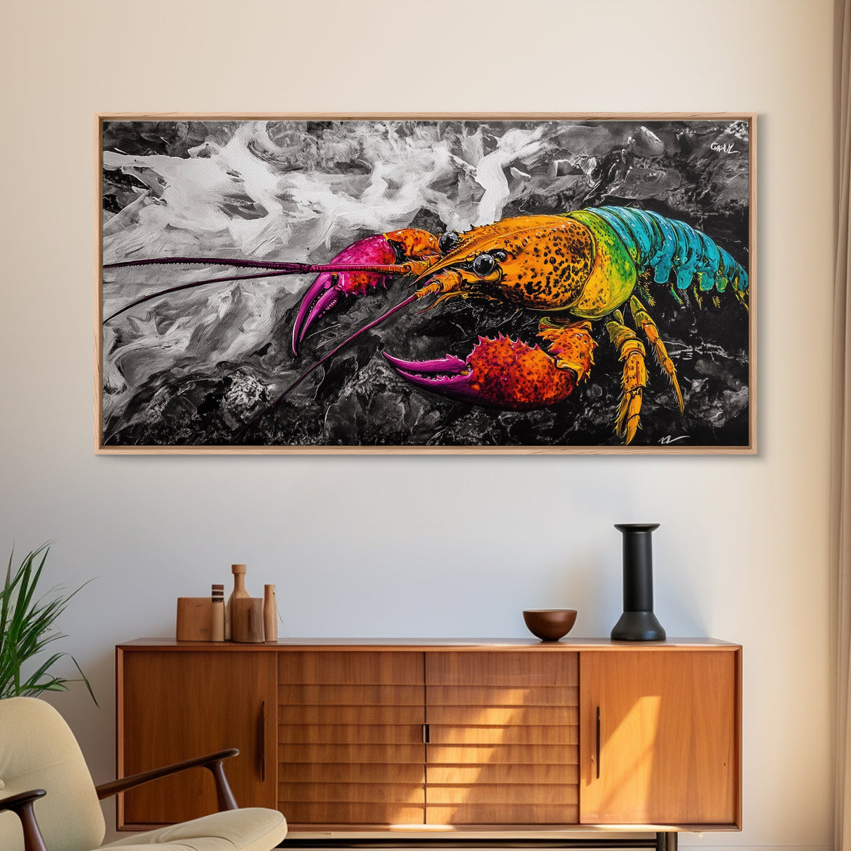 Rainbow Lobster, Colorful Crustacean, Bold Marine Art, Framed Canvas Print, Kitchen Decor, Vibrant Wall Art, Nautical Statement Piece