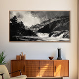 Waterfall Painting, Dramatic Nature, Mountain River, Framed Canvas Print, Monochrome Art, Nature Decor, Lodge Wall Art, Rustic Home