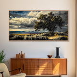 Solitary Tree, Dramatic Sky, Western Landscape, Rustic Nature, Southwest Art, Framed Canvas Print, Living Room Decor, Bold Earthy Painting