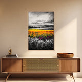 Black White Landscape, Yellow Wildflower Field, Nature Wall Art, Rustic Farmhouse Art, Country Home Decor, Office Art, Framed Canvas Print