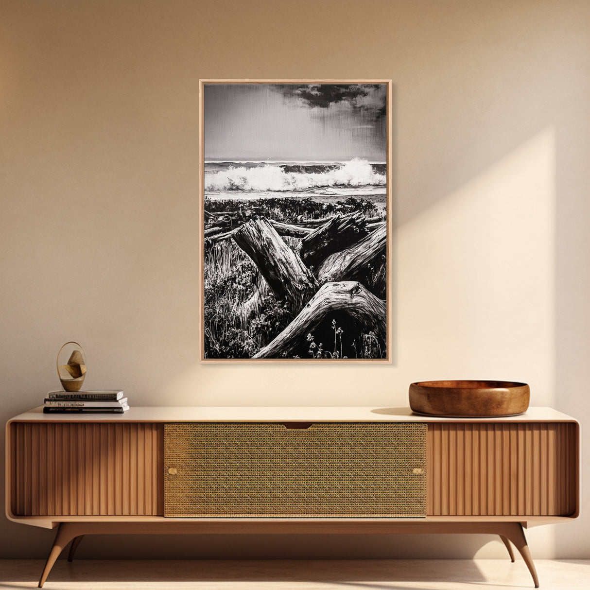 Ocean Waves, Stormy Sky, Framed Canvas Print, Coastal Wall Art, Black and White Seascape, Beach House Decor, Nautical Art, Modern Style