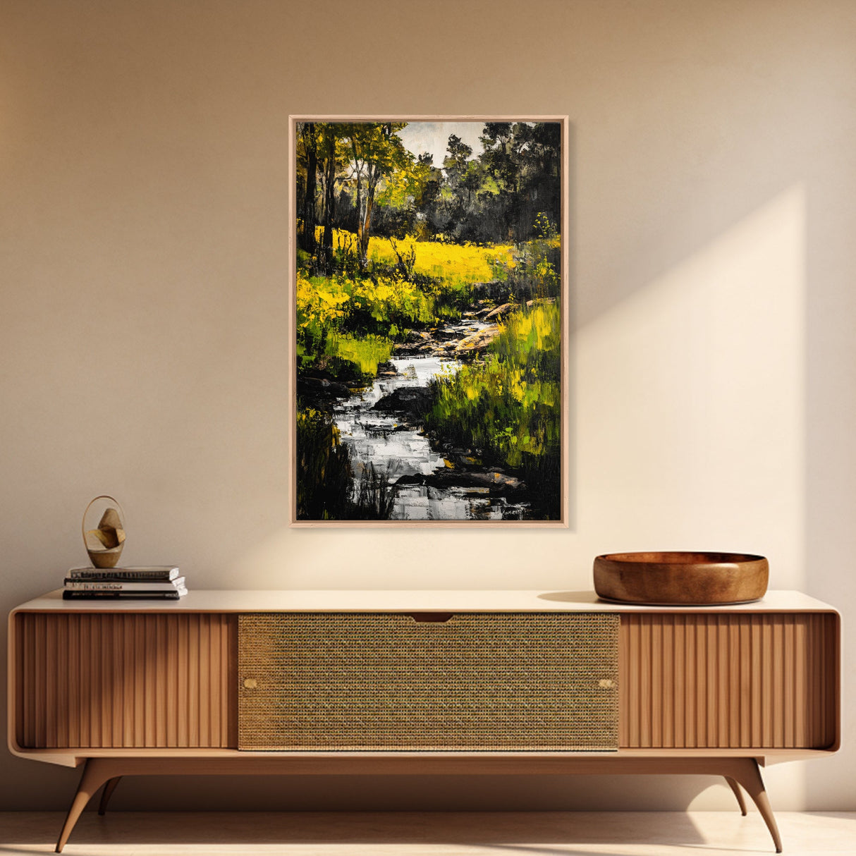 Stream Forest, Impressionist, Framed Canvas Print, Nature Wall Art, Greenery Landscape, Relaxing Home Art, Living Room Decor, Country Style