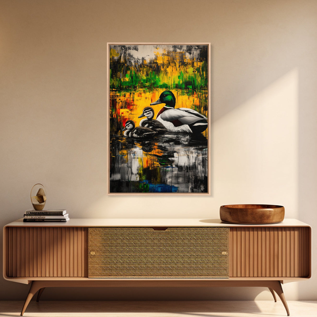 Ducks Pond Nature, Framed Canvas Print, Wildlife Art, Vibrant Watercolor Style, Rustic Wall Decor, Country Home Art, Gift Idea