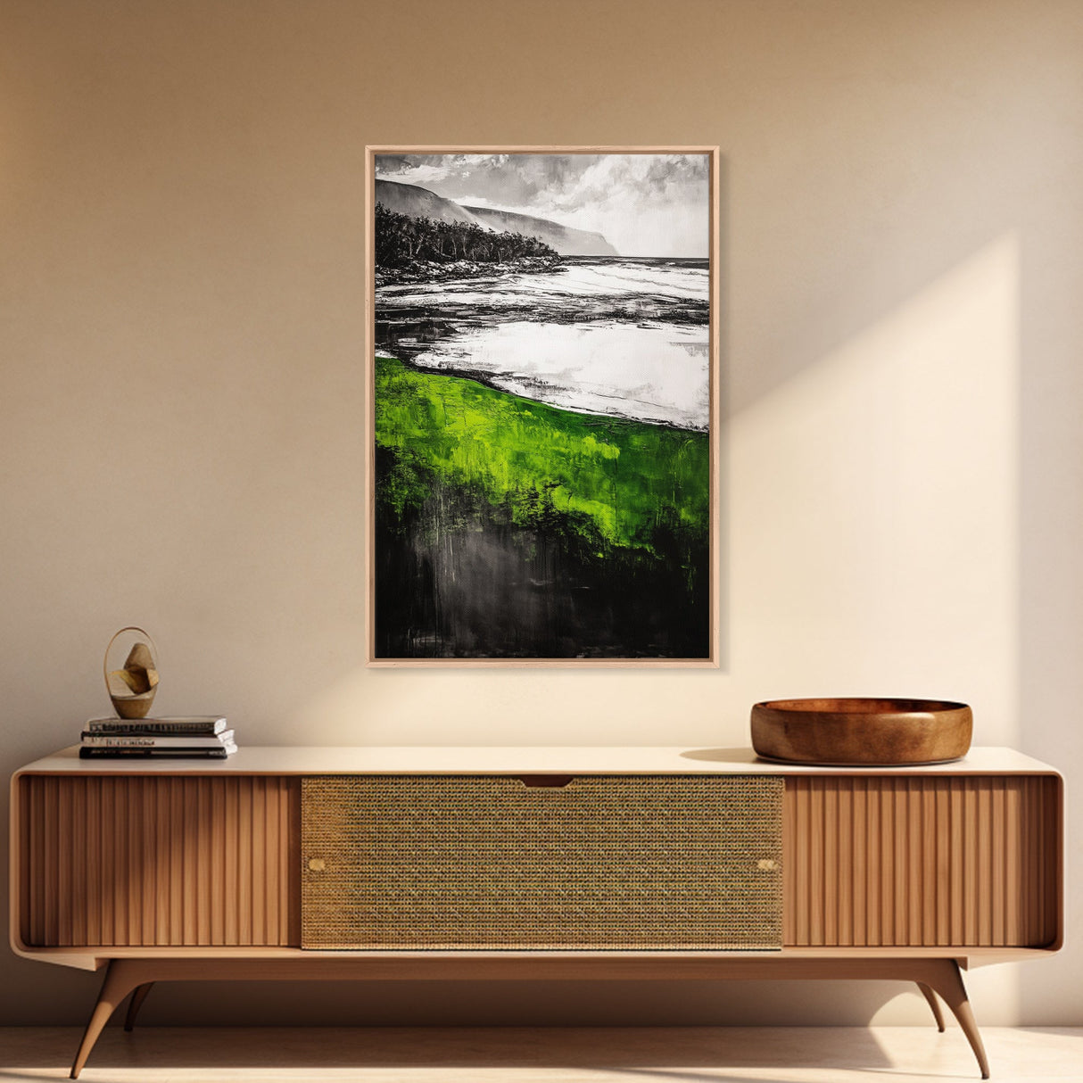 Green Coastal Hills, Ocean Shoreline Painting, Scenic Landscape Art, Office Wall Decor, Nature Inspired Print, Framed Canvas Print