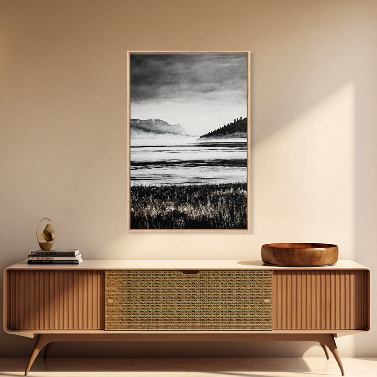 Serene Lake, Black and White Artwork, Misty Mountains, Nature Decor, Minimalist Landscape, Home Office Art, Canvas Print