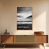 Serene Lake, Black and White Artwork, Misty Mountains, Nature Decor, Minimalist Landscape, Home Office Art, Canvas Print