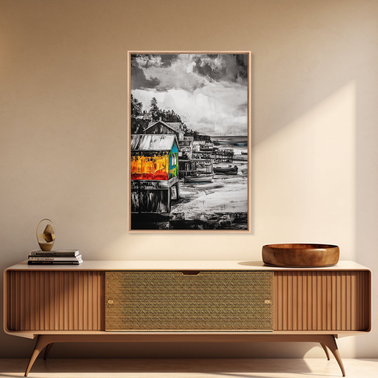 Rustic Seaside, Colorful Coastal Art, Nautical Wall Decor, Vibrant Fishing Village, Seascape Painting, Living Room Art, Canvas Print