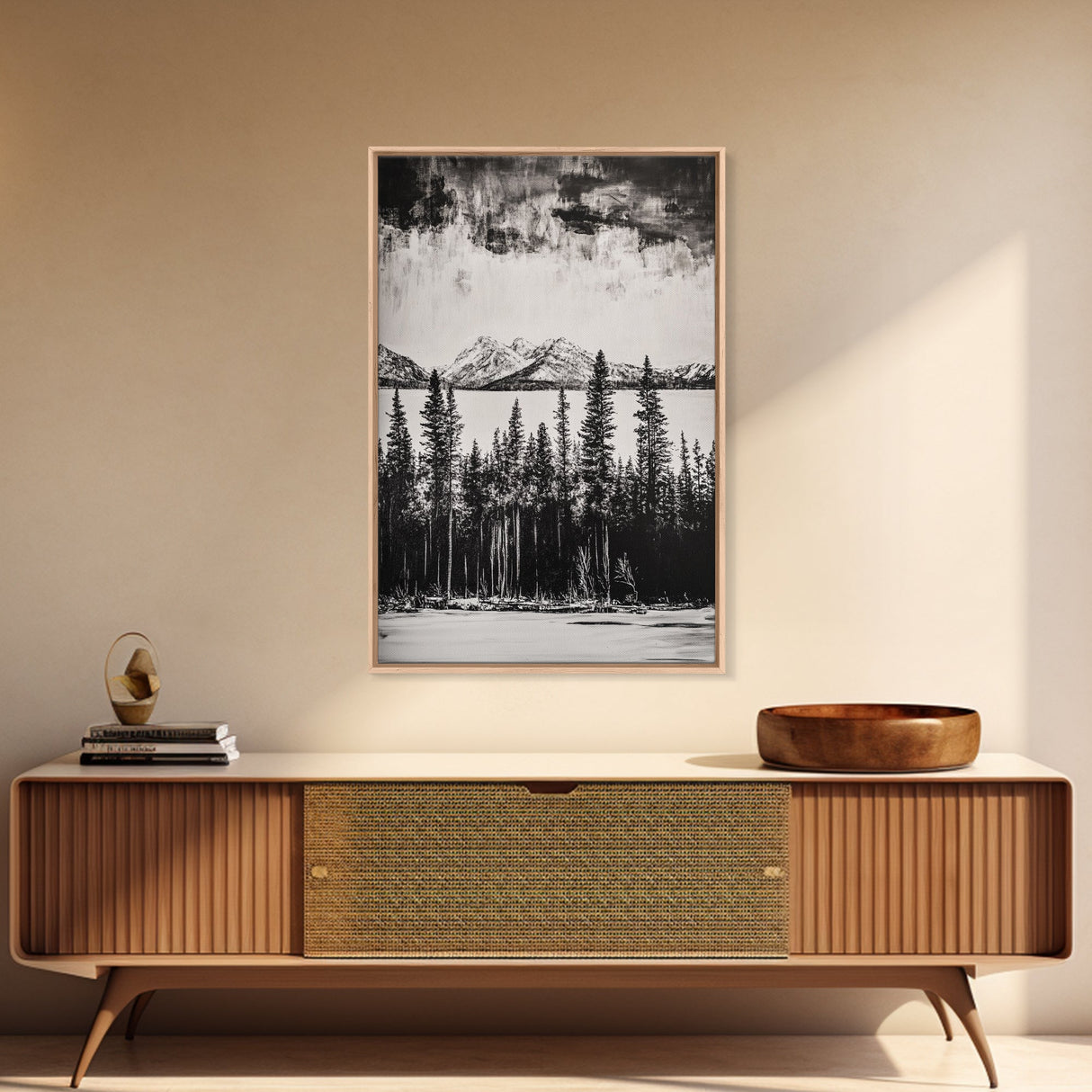 Mountain Serenity, Black and White Landscape, Nature Art, Tranquil Home Decor, Minimalist Painting, Office Artwork, Framed Canvas Print