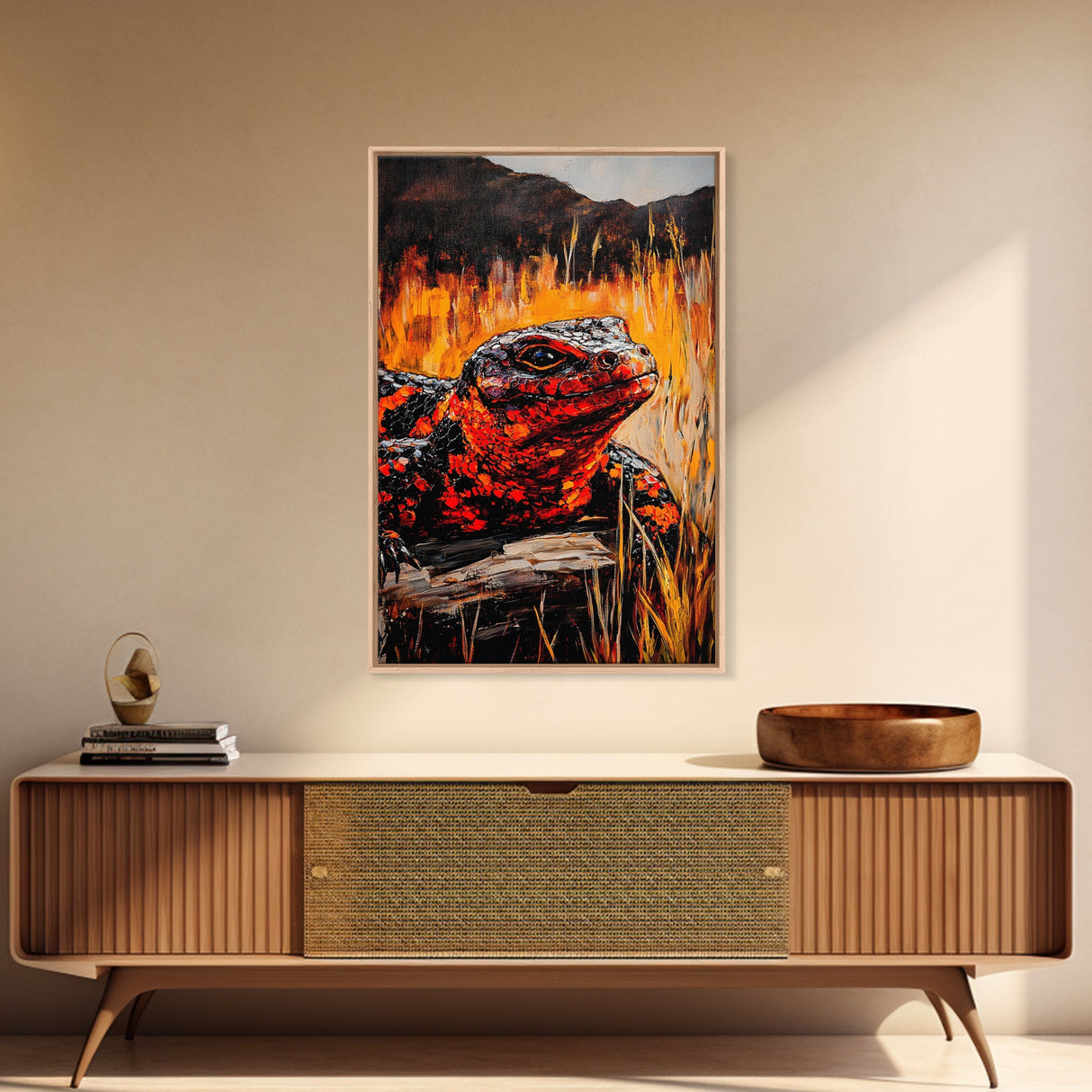 Fiery Lizard, Wildlife Art, Reptile Painting, Nature Wall Art, Rustic Decor, Warm Tones, Fall Wall Art, Living Room Art, Framed Canvas Print