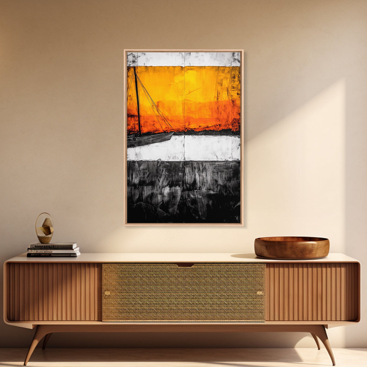 Sunset Sailboat, Nautical Art, Coastal Wall Decor, Warm Color Palette, Abstract Seascape, Modern Ocean Art, Vibrant Painting, Canvas Print