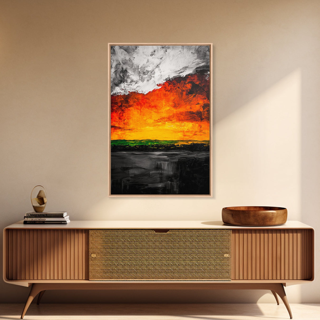 Fiery Sunset, Abstract Landscape, Vibrant Colors, Warm Tones, Fall Wall Decor, Bold Statement Art, Living Room Art, Framed Canvas Print