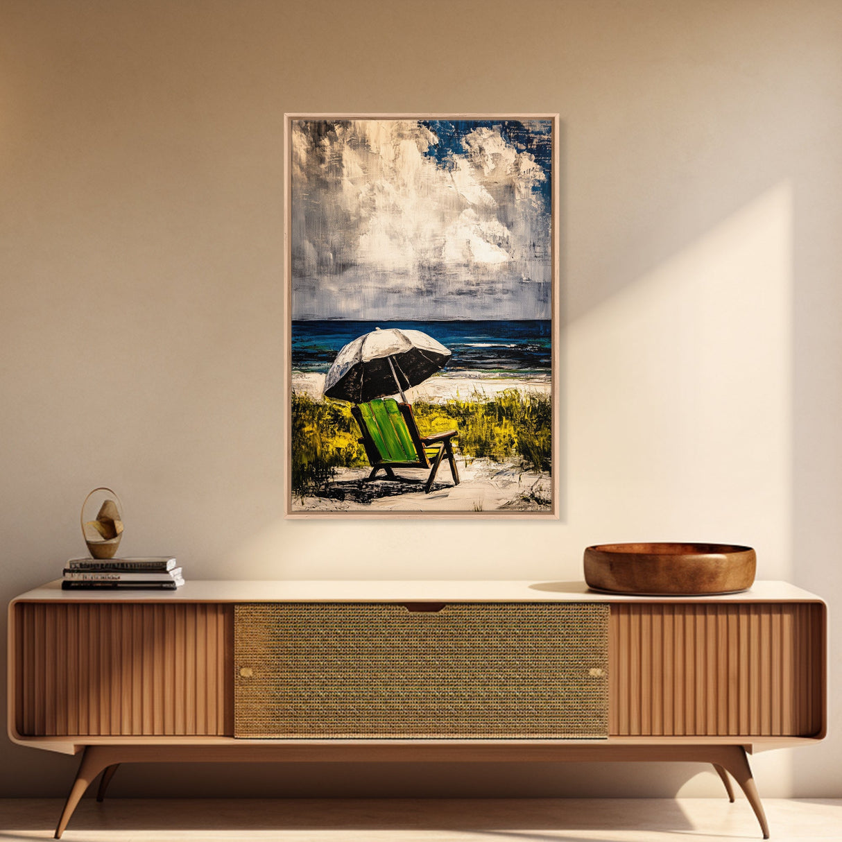 Seaside Relaxation Art, Green Beach Chair, Black White Umbrella, Ocean Scene, Serene Wall Decor, Nautical Home Artwork, Canvas Print
