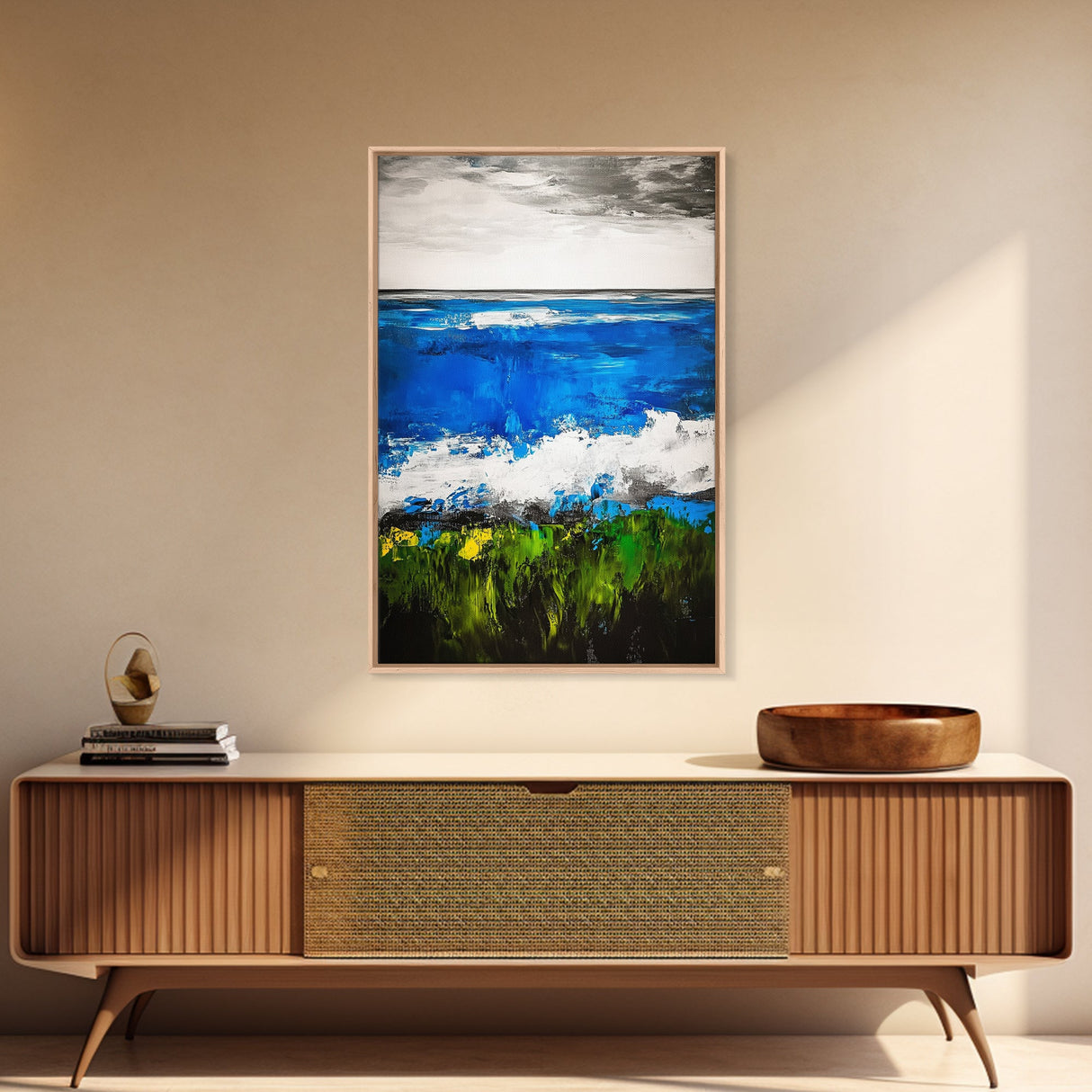 Abstract Ocean View, Blue Green Black White, Coastal Wall Art, Modern Beach Home Decor, Bold Statement Painting, Office Art, Canvas Print
