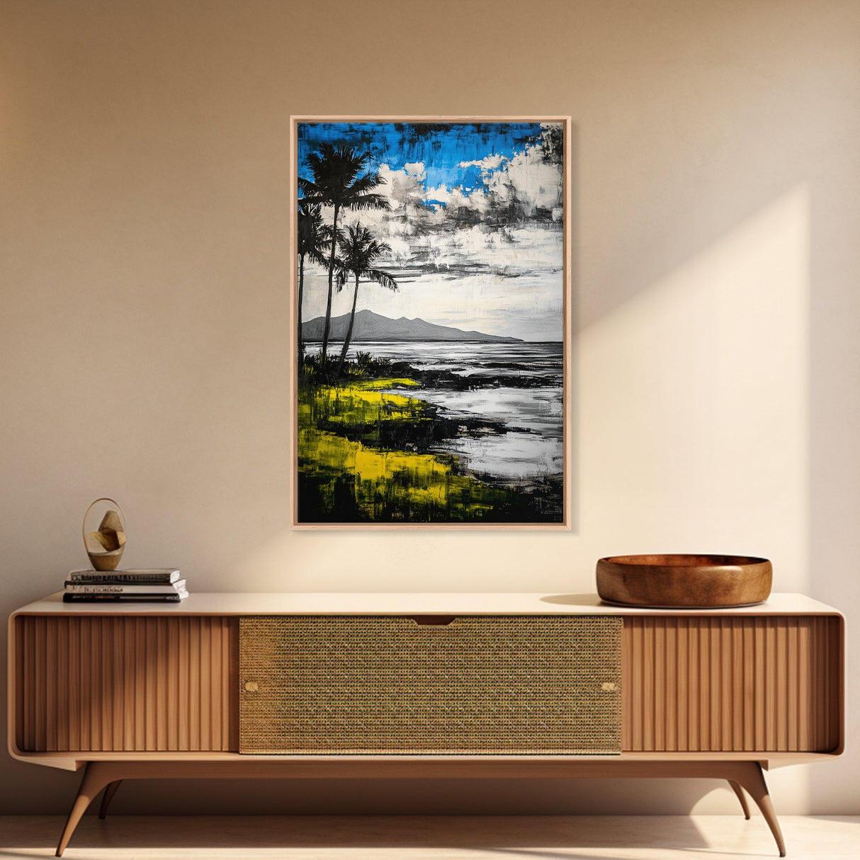 Tropical Beach Scene, Coastal Landscape Art, Black White Blue Yellow, Palm Tree Ocean Decor, Relaxing Home Gift, Framed Canvas Print