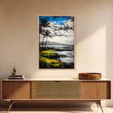 Tropical Beach Scene, Coastal Landscape Art, Black White Blue Yellow, Palm Tree Ocean Decor, Relaxing Home Gift, Framed Canvas Print