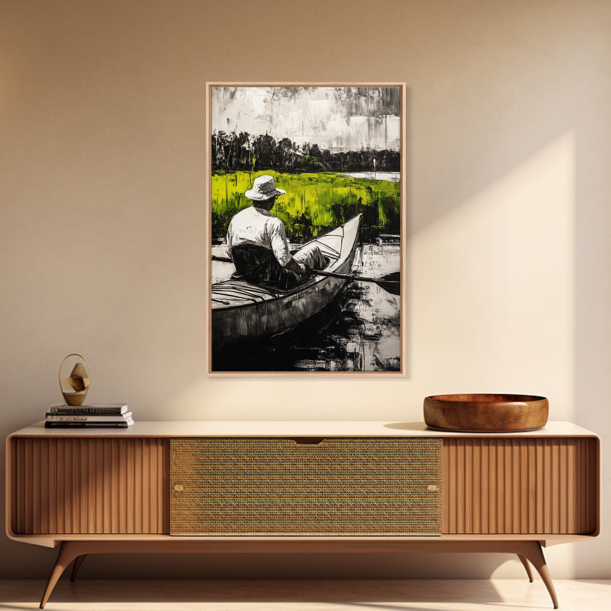 Kayaker River Scene, Black White Green Landscape, Peaceful Nature Art, Adventure Outdoor Wall Decor, Rustic Cabin Gift, Canvas Print