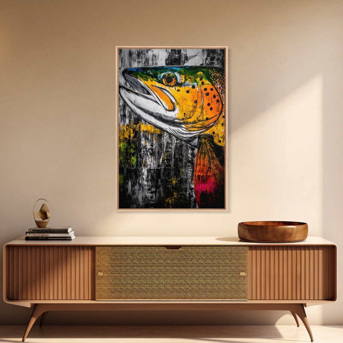 Vibrant Trout, Fishing Art, Rustic Wall Decor, Wildlife Art, Cabin Wall Art, Fisherman Gift, Framed Canvas Print, Nature Inspired Home