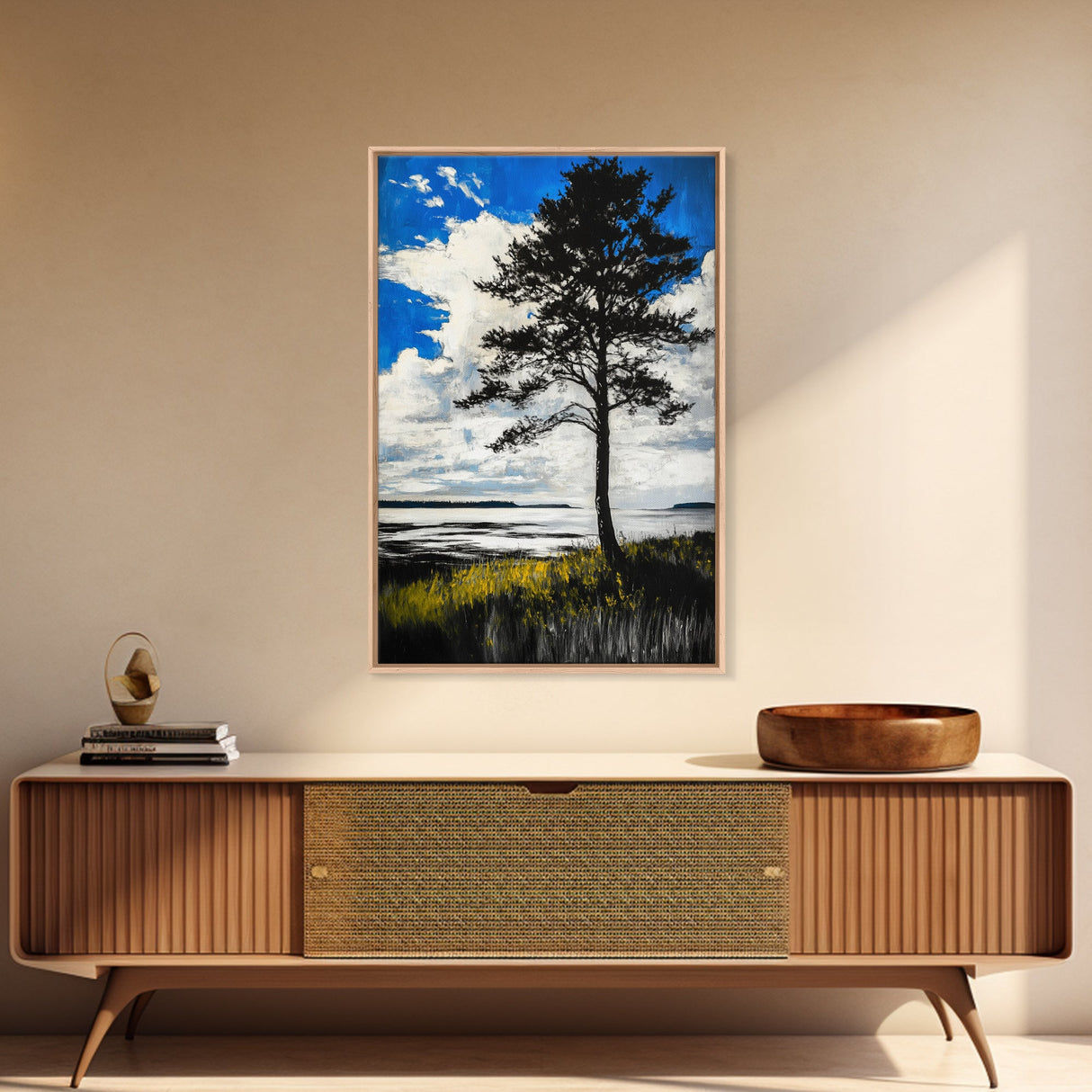 Lone Tree, Coastal Sunset, Blue Sky Painting, Black and White Landscape, Nature Art, Modern Wall Decor, Framed Canvas Print, Tranquil Mood