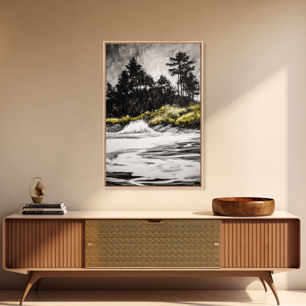 Forest Edge, Beach Shore, Dramatic Sky, Black and White Wall Art, Modern Minimalist Decor, Living Room Art, Canvas Print, Nature Inspired