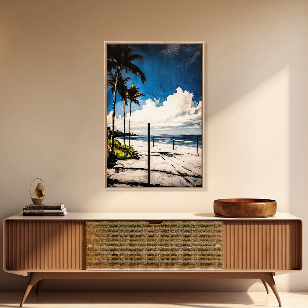 Palm Tree Beach Scene, Vibrant Blue Sky, Tropical Art, Coastal Landscape, Modern Ocean Wall Decor, Summer Home Artwork, Canvas Print
