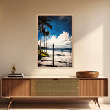 Palm Tree Beach Scene, Vibrant Blue Sky, Tropical Art, Coastal Landscape, Modern Ocean Wall Decor, Summer Home Artwork, Canvas Print