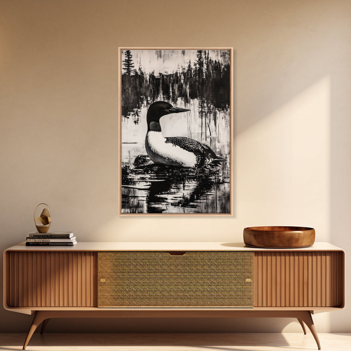 Loon, Lake Reflection, Nature Wall Art, Framed Canvas Print, Black and White Art, Minimalist Decor, Cabin Wall Art, Rustic Home