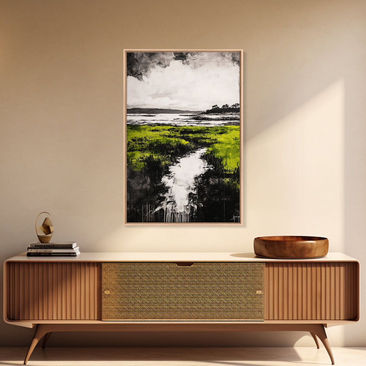 Marsh, Coastal Greenery, Landscape Wall Art, Framed Canvas Print, Nature Aesthetic, Living Room Decor, Serene Scenic View, Rustic Style