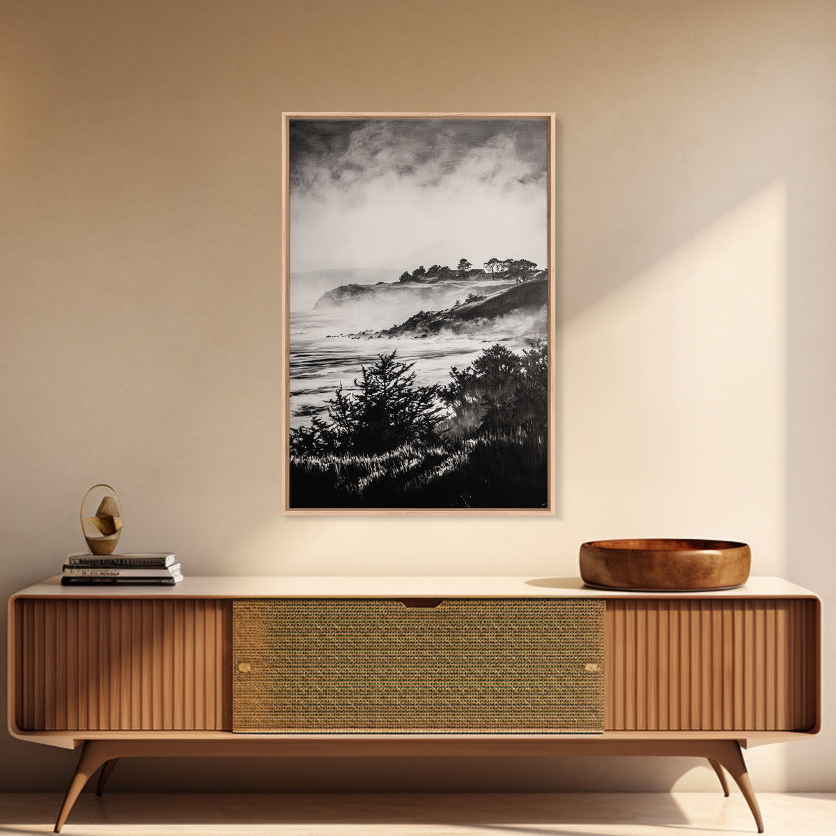 Misty Coast, Black White Art, Framed Canvas Print, Coastal Landscape, Foggy Ocean, Living Room Art, Nautical Decor, Monochrome Art