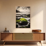 Coastal Rocks, Mossy Shore, Framed Canvas Print, Ocean Landscape, Beach House Wall Art, Nautical Decor, Green Nature, Relaxing Art