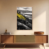 Cliffs, Ocean View, Framed Canvas Print, Coastal Landscape, Beach House Decor, Nature Wall Art, Black White Yellow Art, Scenic View