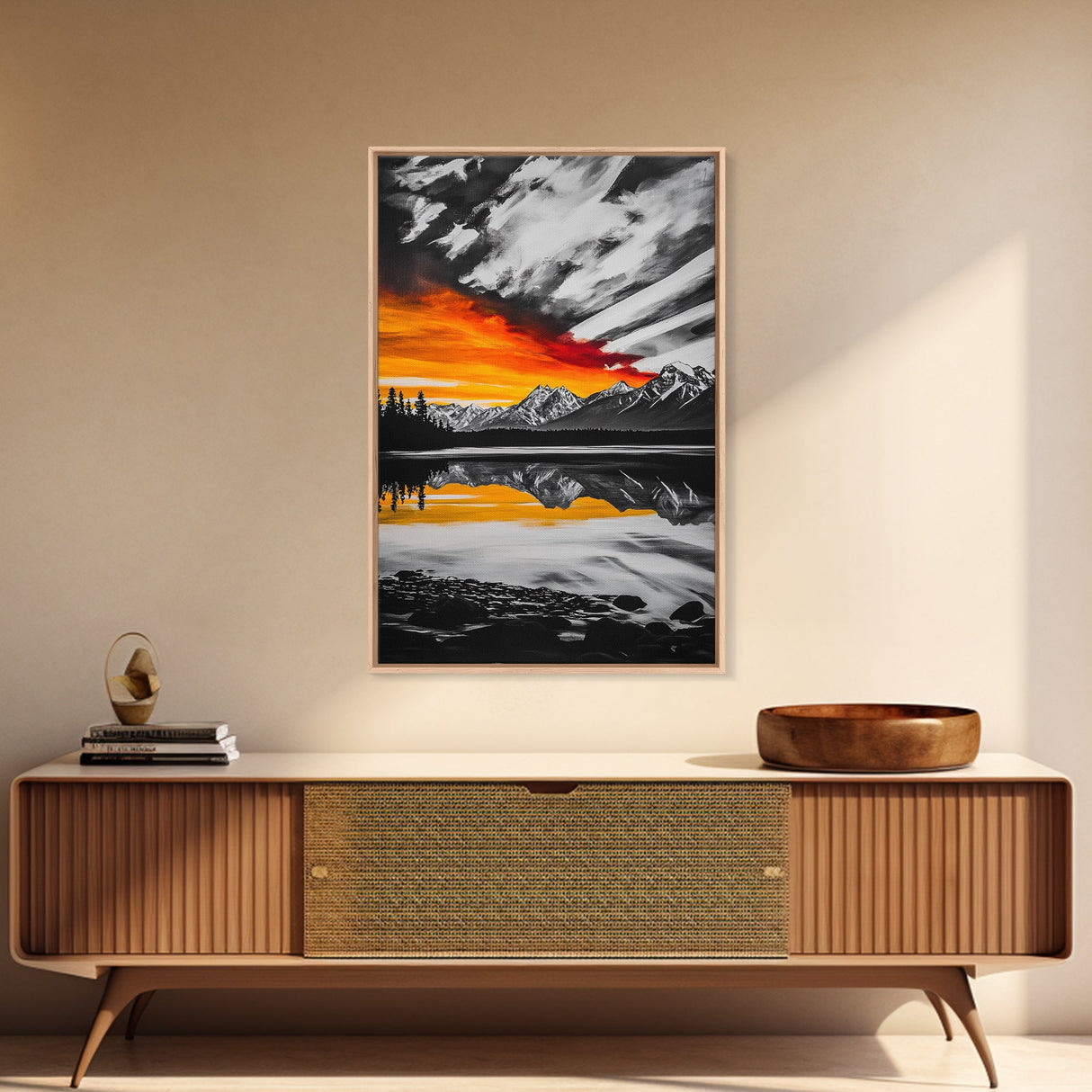 Fiery Sunset, Mountain Reflection, Canvas Print, Lake Wall Art, Nature Photography, Rustic Decor, Living Room Art, Fall Color Palette