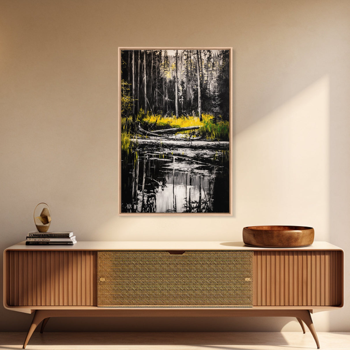 Forest Reflection, Black and White Landscape, Rustic Home Art, Nature Inspired Painting, Cabin Wall Decor, Framed Canvas Print