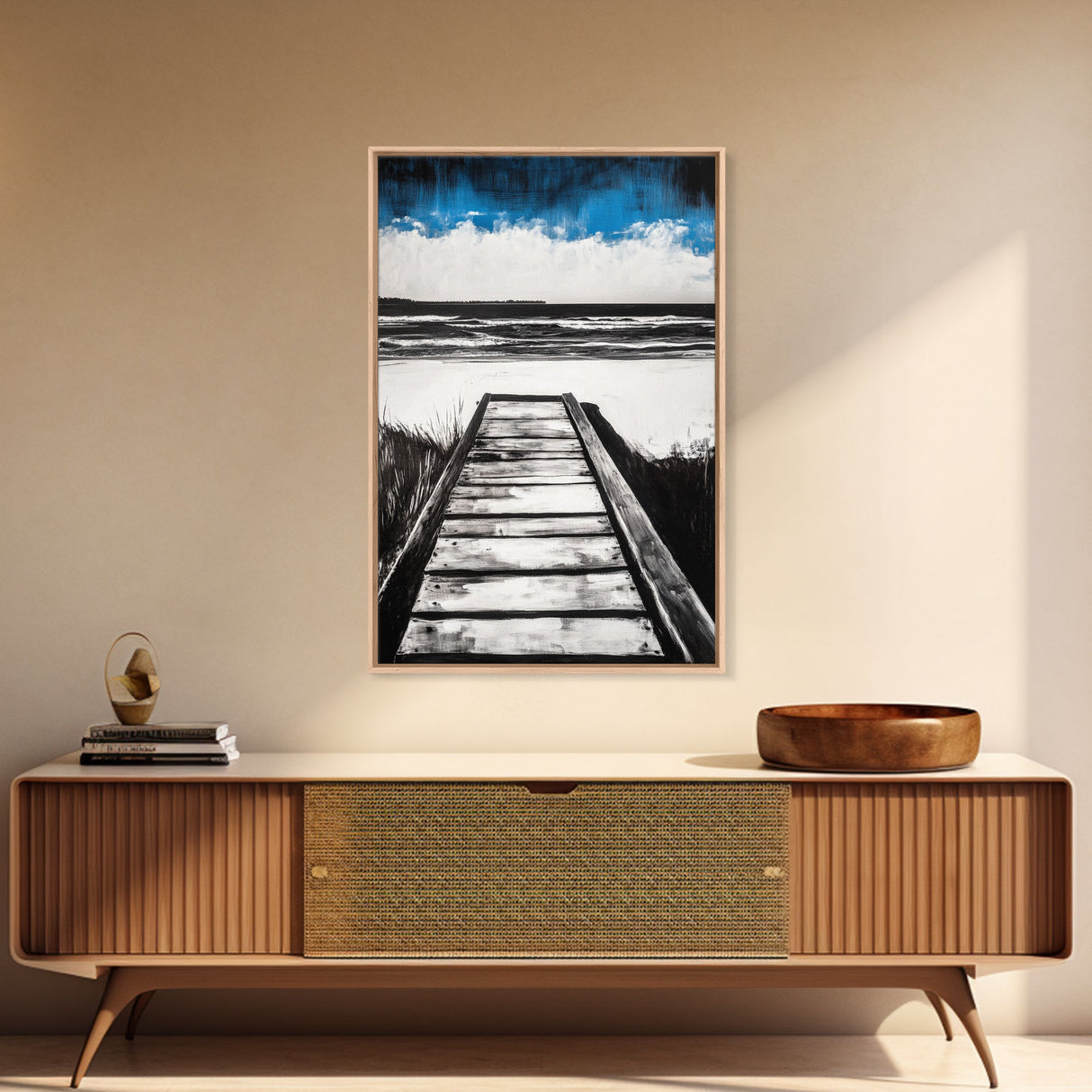 Wooden Path, Beach Walk, Ocean Waves, Framed Canvas Print, Coastal Decor, Minimalist Wall Art, Modern Living Room Art