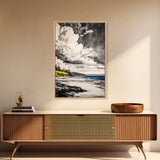 Cliffside View, Ocean Horizon, Cloudy Sky, Framed Canvas Print, Beach House Decor, Monochrome Wall Art, Relaxing Scenery