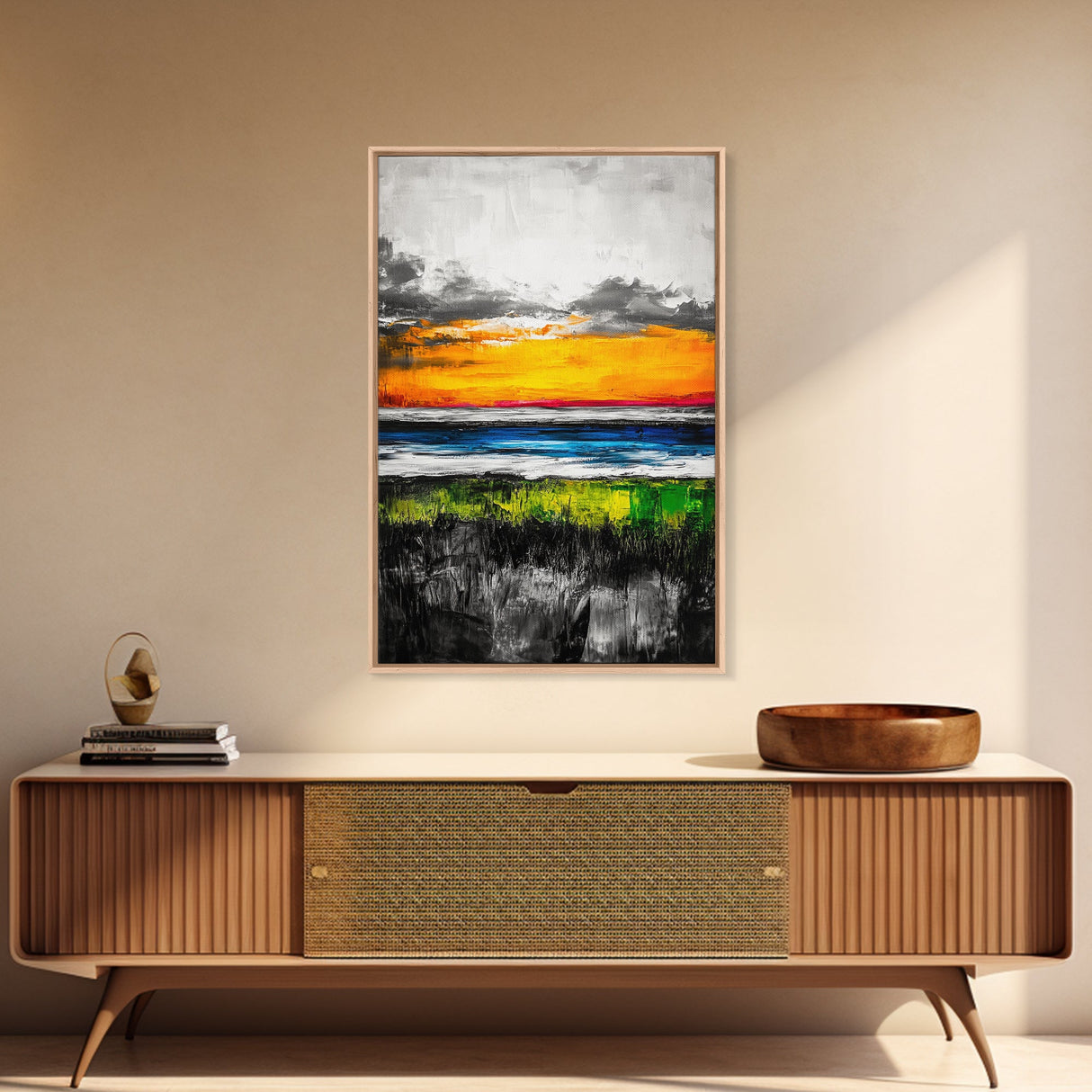 Vibrant Sunset, Ocean Horizon, Dramatic Sky, Framed Canvas Print, Coastal Home Decor, Living Room Wall Art, Abstract Art
