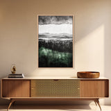 Misty Mountains, Moody Wall Art, Rustic Home Decor, Cabin Wall Art, Neutral Aesthetic, Black and White, Framed Canvas Print