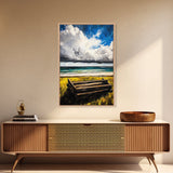 Ocean Bench, Coastal Landscape Art, Beach House Wall Decor, Relaxing Seaside Scene, Serene Water View, Framed Canvas Print