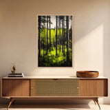 Forest Sunlight, serene nature painting, lush green forest, peaceful landscape wall art, calming home decor, framed canvas print, cabin art