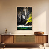 Mountain River, Nature Landscape Art, Moody Scenic Painting, Rustic Home Wall Art, Black and White Aesthetic, Framed Canvas Print