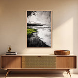 Moody Lake Scene, Black White Green, Framed Canvas Print, Nature Landscape Painting, Serene Wall Art, Contemporary Home Decor