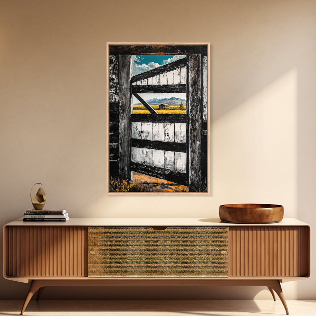 Barn Door View, Mountain Escape, Rustic Scene, Framed Canvas Print, Western Wall Art, Cabin Decor, Farmhouse Style, Country Living