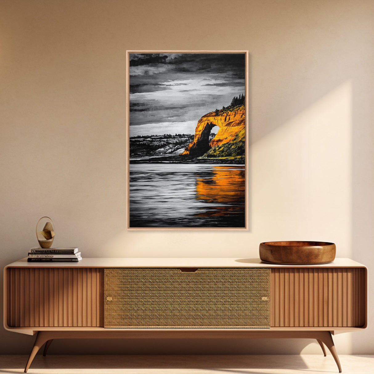 Coastal Arch, Ocean Canvas Print, Seascape Wall Art, Nautical Home Decor, Living Room Artwork, Black and White Landscape