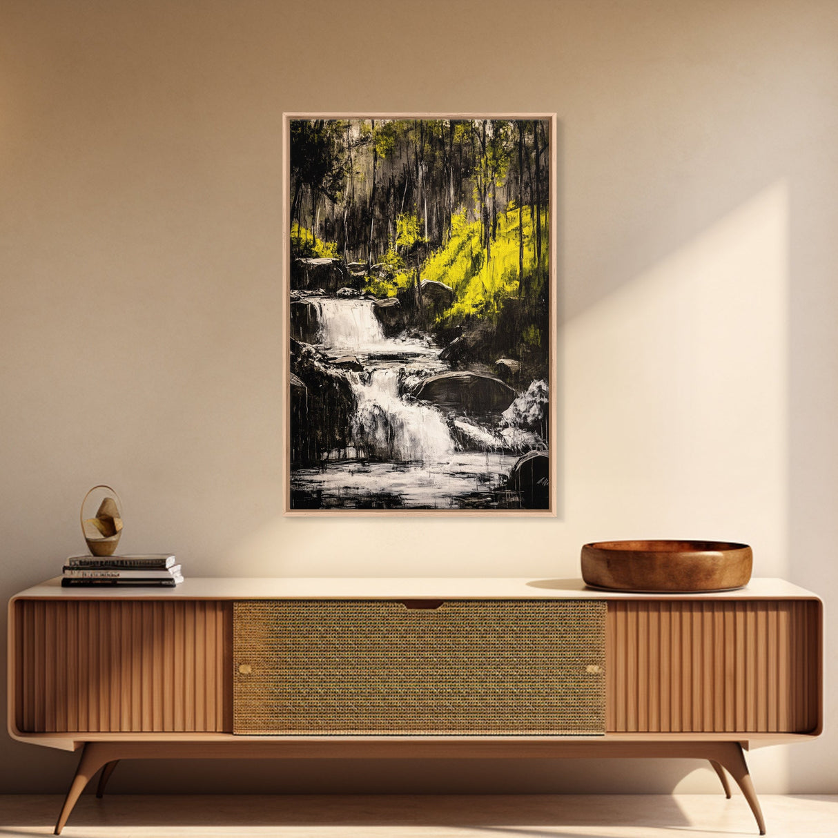 Forest Waterfall, Nature Wall Art, Serene Landscape, Green and Black Art, Tranquil Home Decor, Framed Canvas Print, Bedroom Wall Art