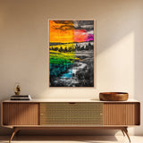 Vibrant Sunset, Colorful Landscape, Bold Abstract Art, Nature Inspired, Modern Painting, Framed Canvas Print, Living Room Wall Decor