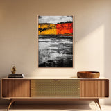 Autumn Cliffs, Seasonal Landscape, Fall Wall Art, Rustic Nature Print, Bold Orange and Yellow, Framed Canvas Print, Living Room Decor