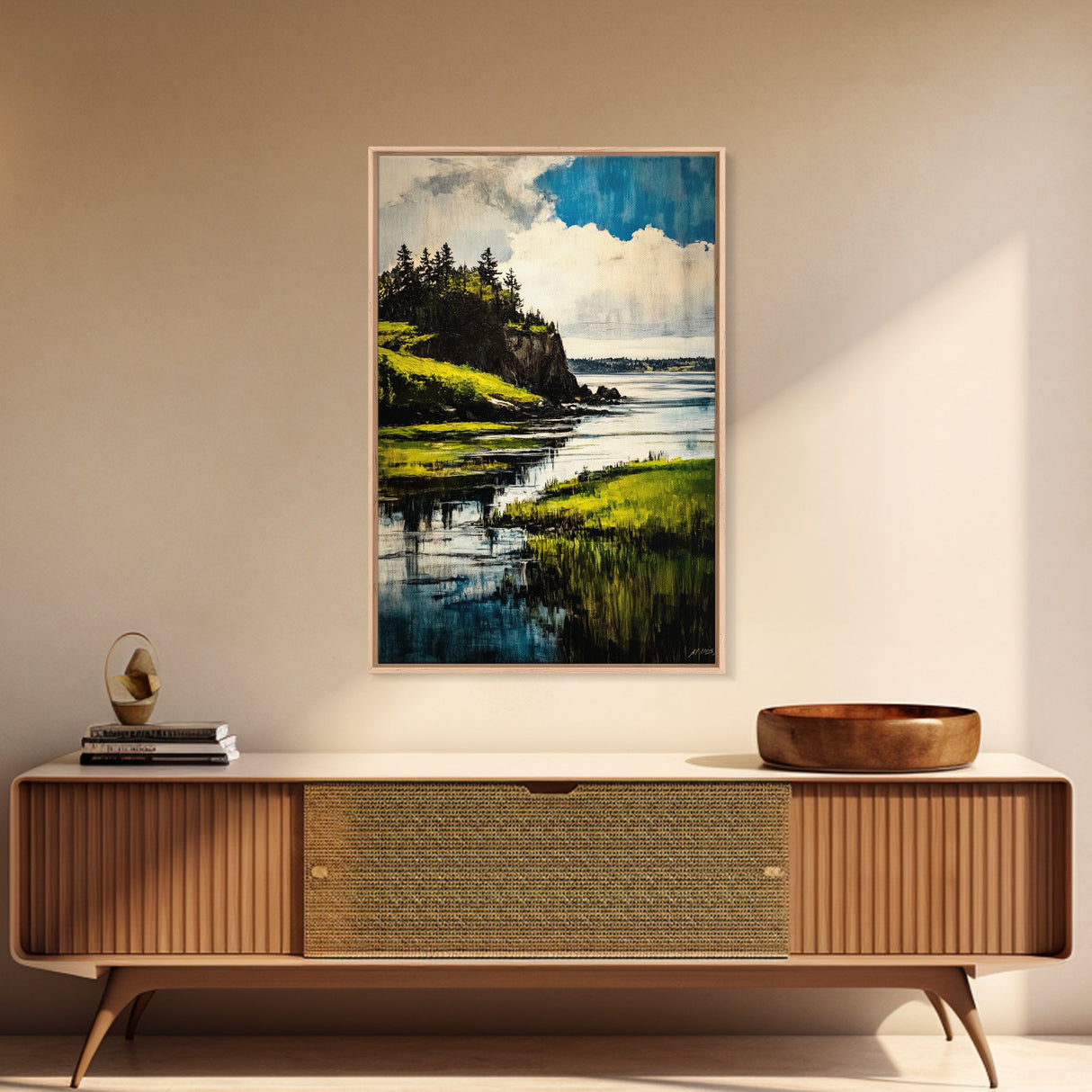 Lake Serenity, Peaceful Waters, Scenic Landscape, Nature Wall Art, Vibrant Green and Blue, Framed Canvas Print, Relaxing Home Decor