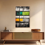 Modern Window Abstract, Black and White with Green and Yellow, Geometric Wall Art, Contemporary Interior Design, Framed Canvas Print