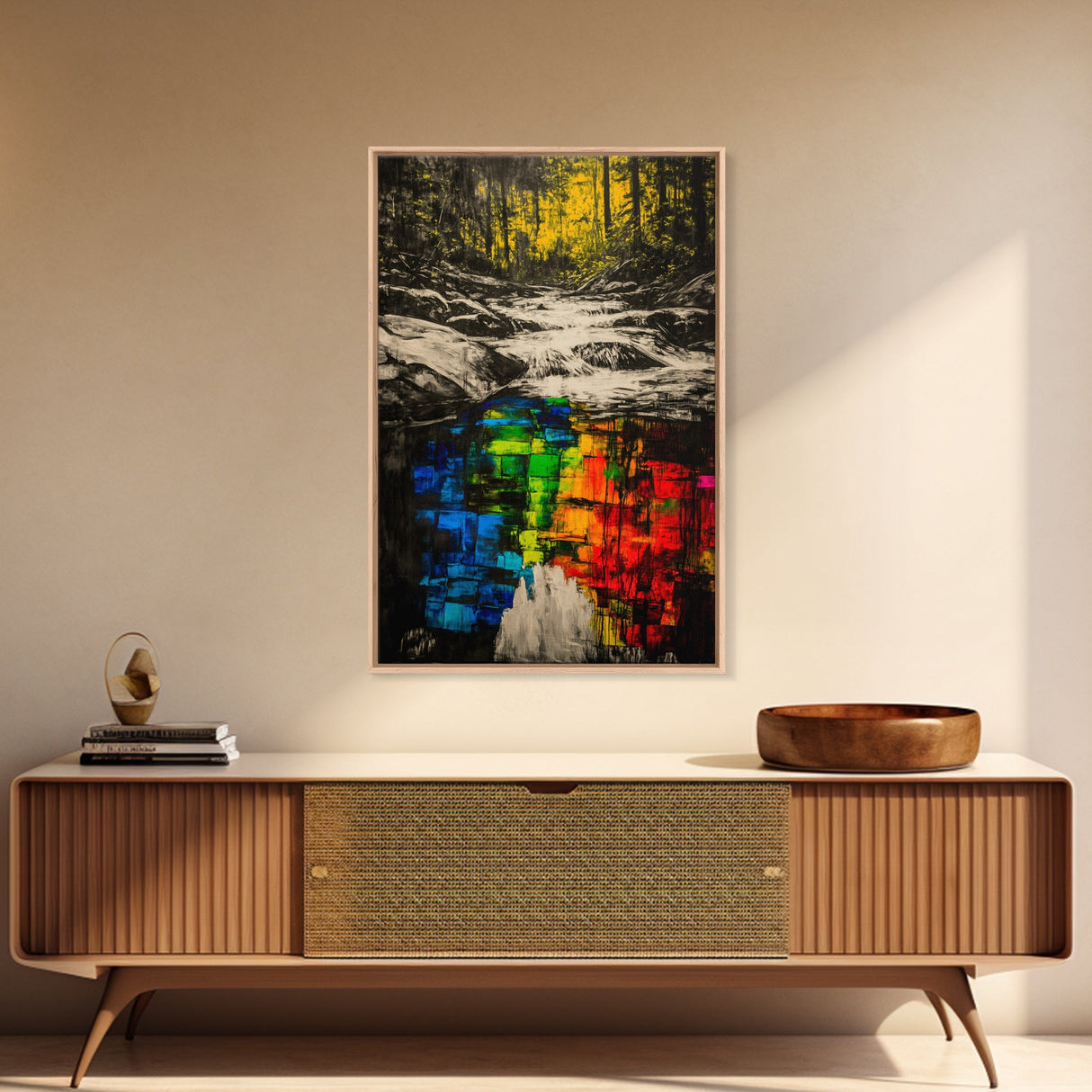Forest Reflection, Black and White with Vibrant Colors, Abstract Waterfall Painting, Framed Canvas Print, Nature Lover’s Wall Art
